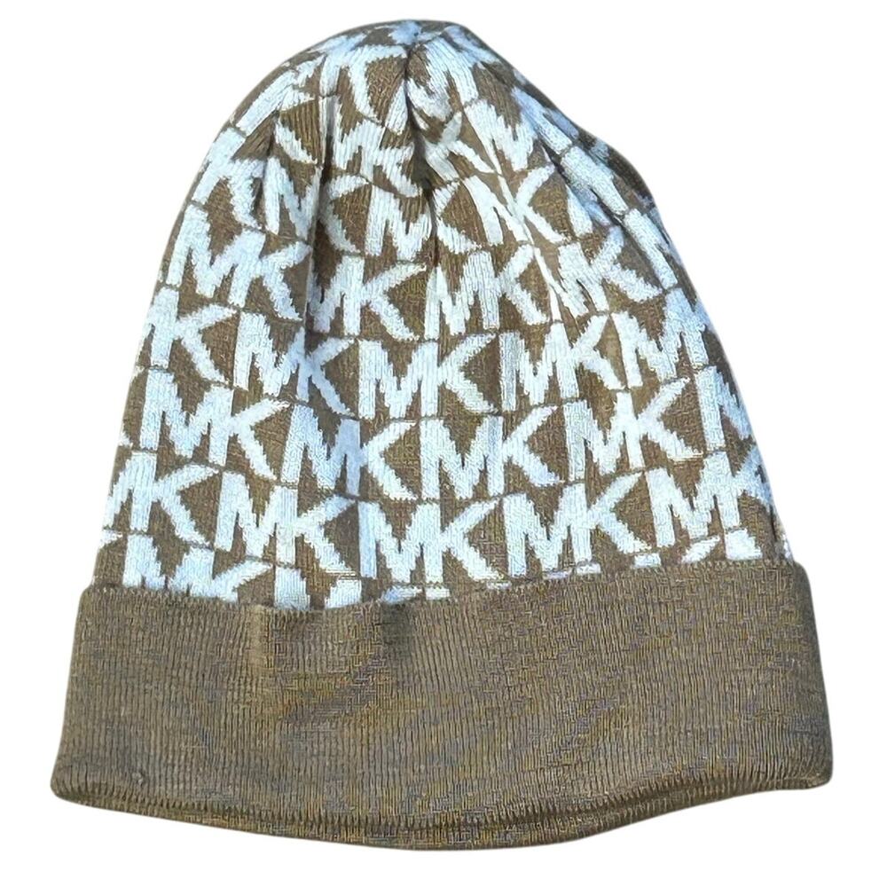 Michael Kors Womens MK Monogram Logo Winter Beanie‎ Hat Gold White Knit